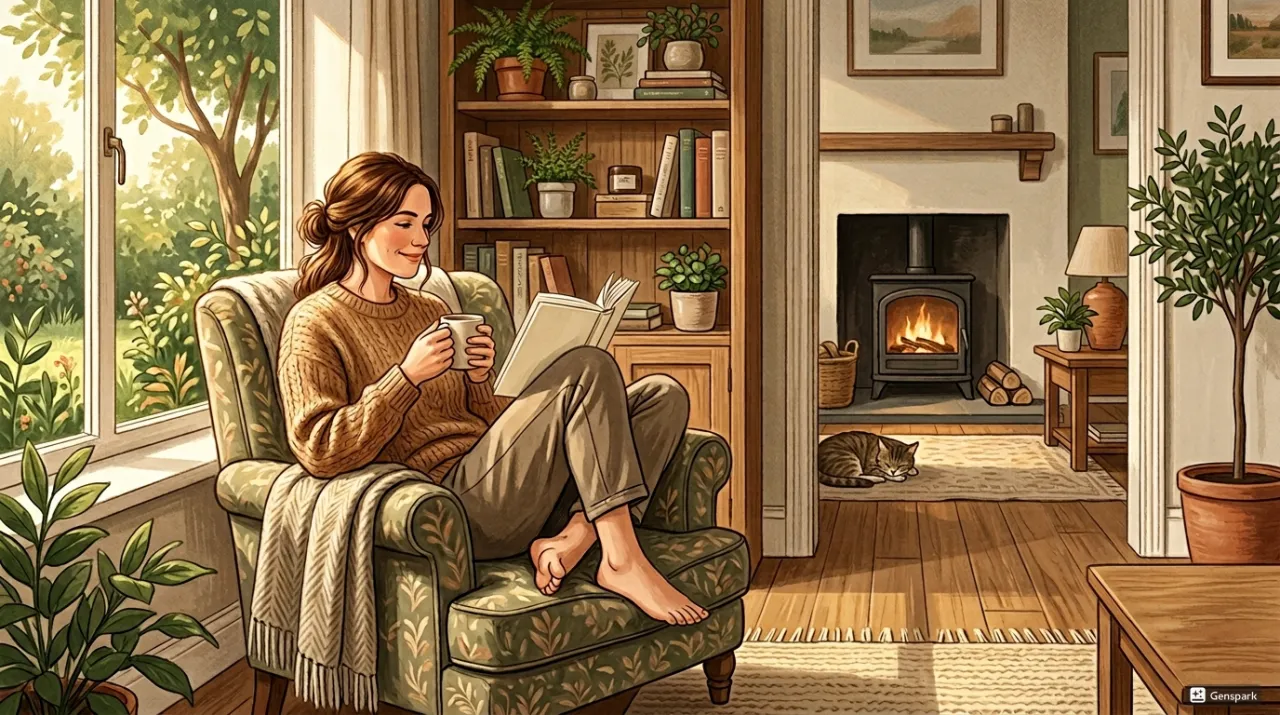 벽난로 옆에서 혼자 독서하는 여성 일러스트