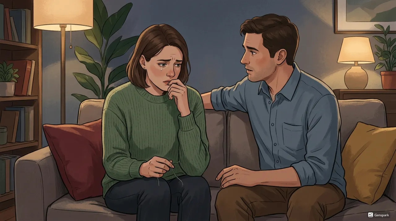 落ち込んだ女性を慰める男性のイラスト