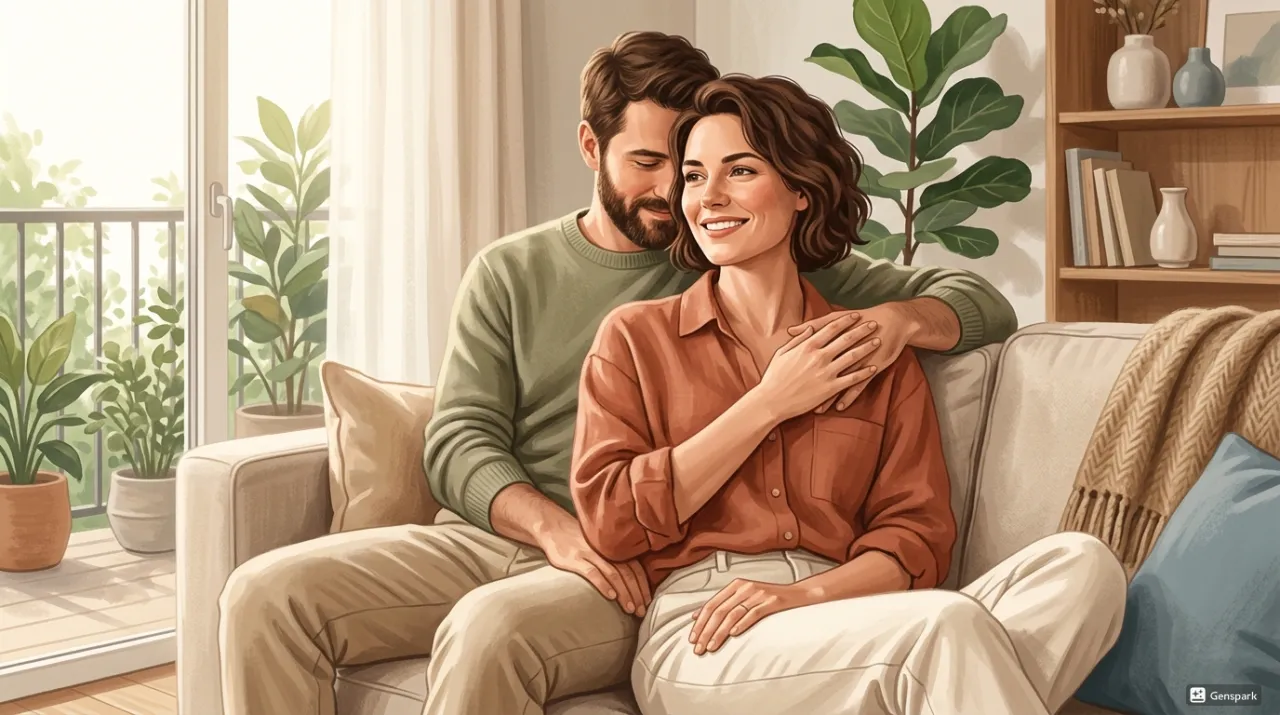 Ilustración de una pareja abrazándose con cariño en un sofá