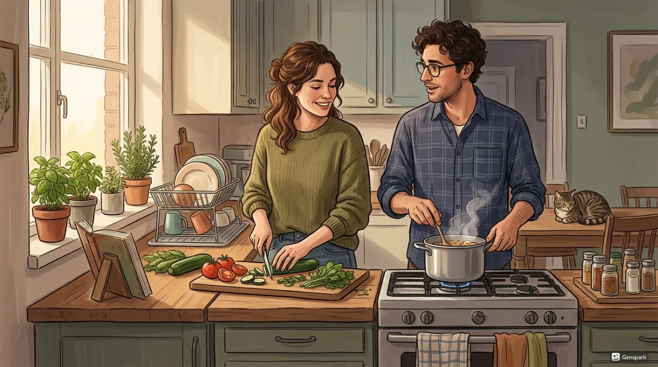 부엌에서 함께 요리하는 커플 일러스트