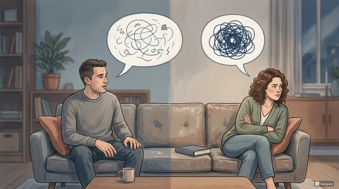 对话气泡纠缠在一起、感到沮丧的情侣插画