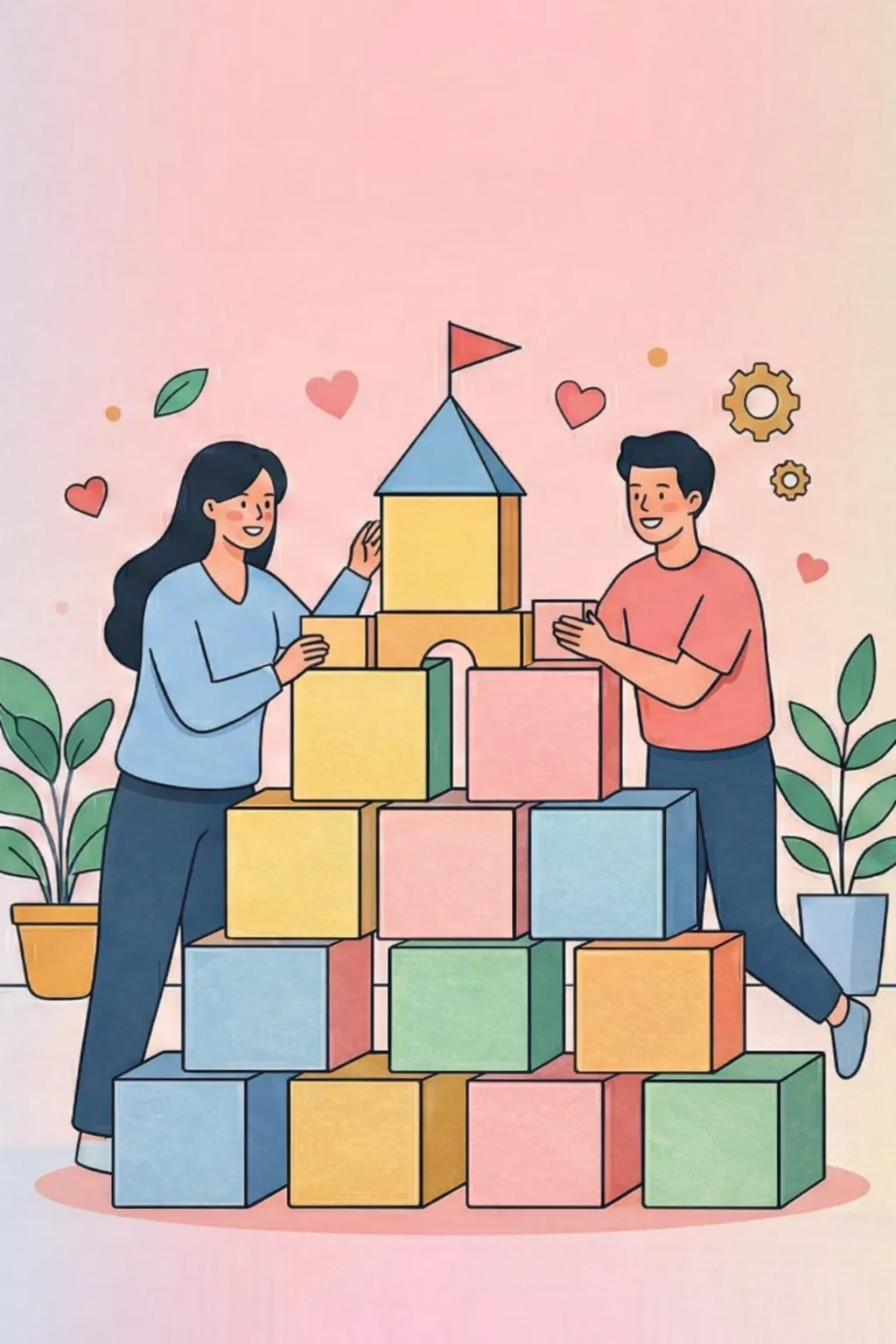 結婚前に合意すべき12の項目をブロックで表現したイラスト — カップルが一緒に基準を積み上げていく様子