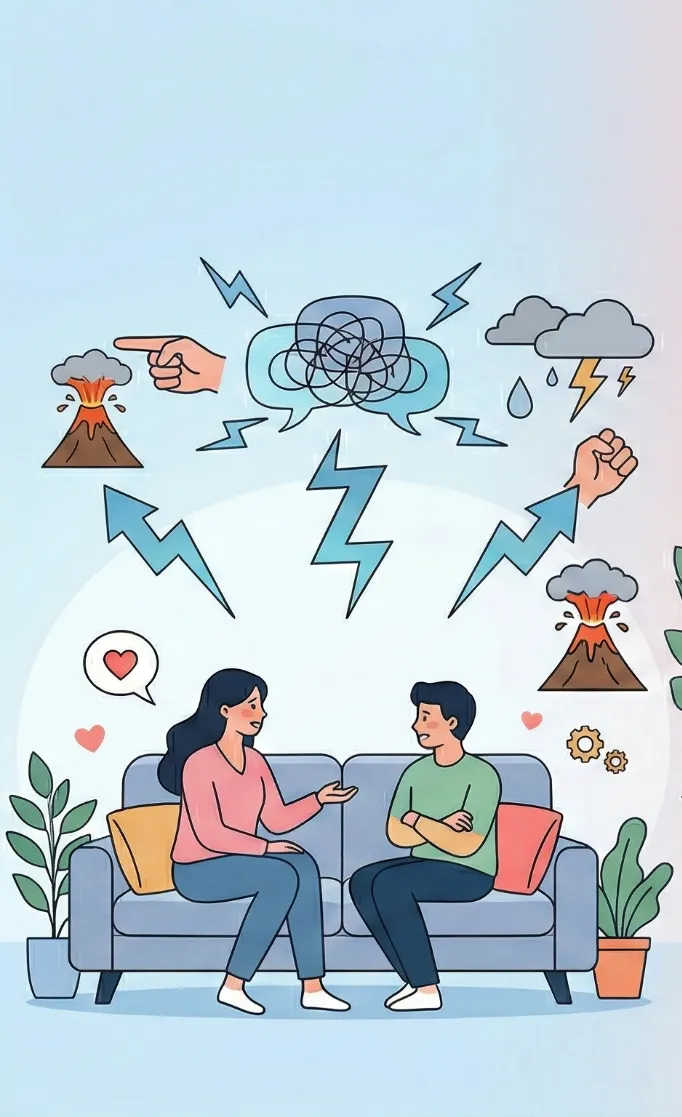 カップルの葛藤心理を表したイラスト — ソファに座って話し合うカップルの上に、葛藤を象徴する雷と火山のイメージ