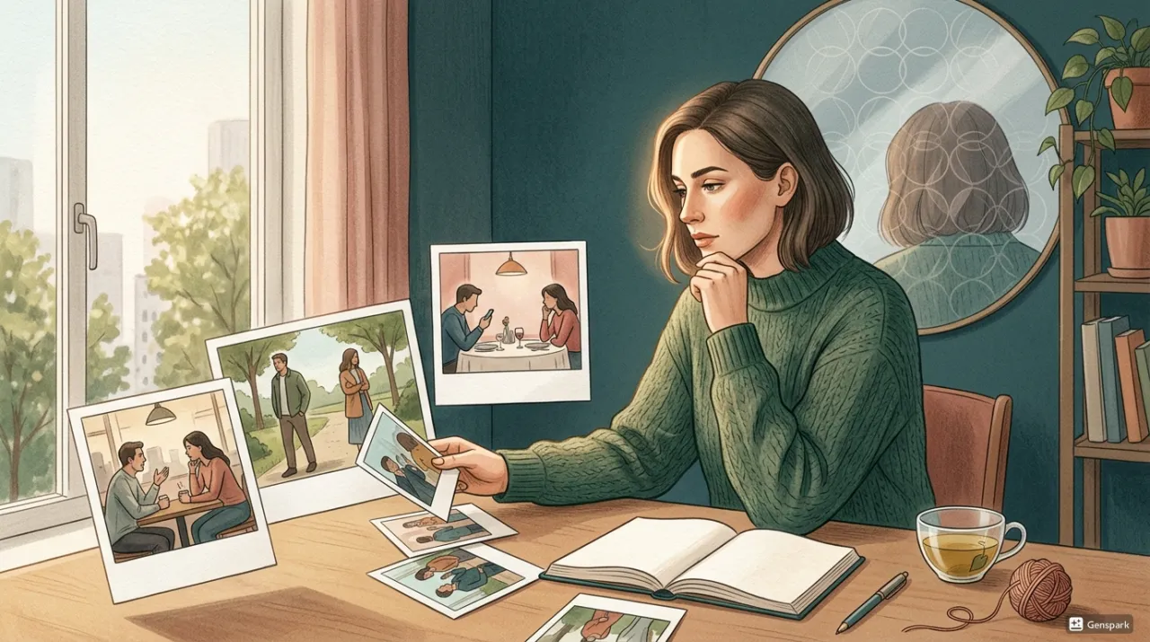 一人で恋愛写真を見返しながら内省する女性のイラスト