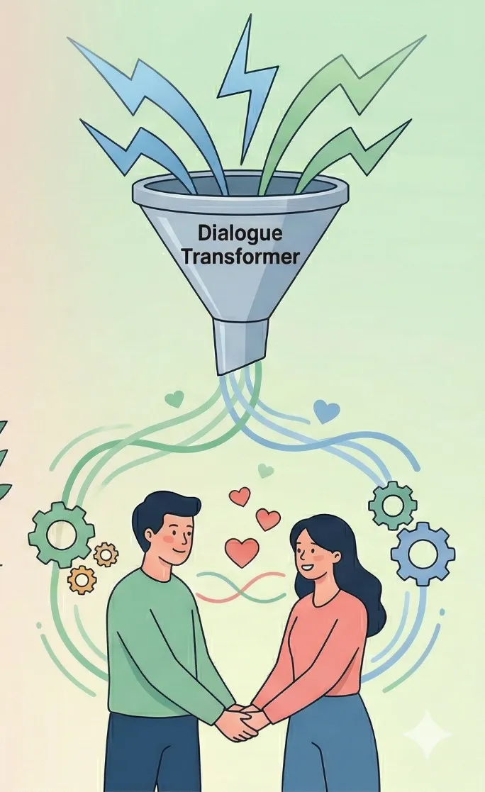 葛藤の雷が対話のフィルターを通ると穏やかなコミュニケーションに変わる様子を表したイラスト