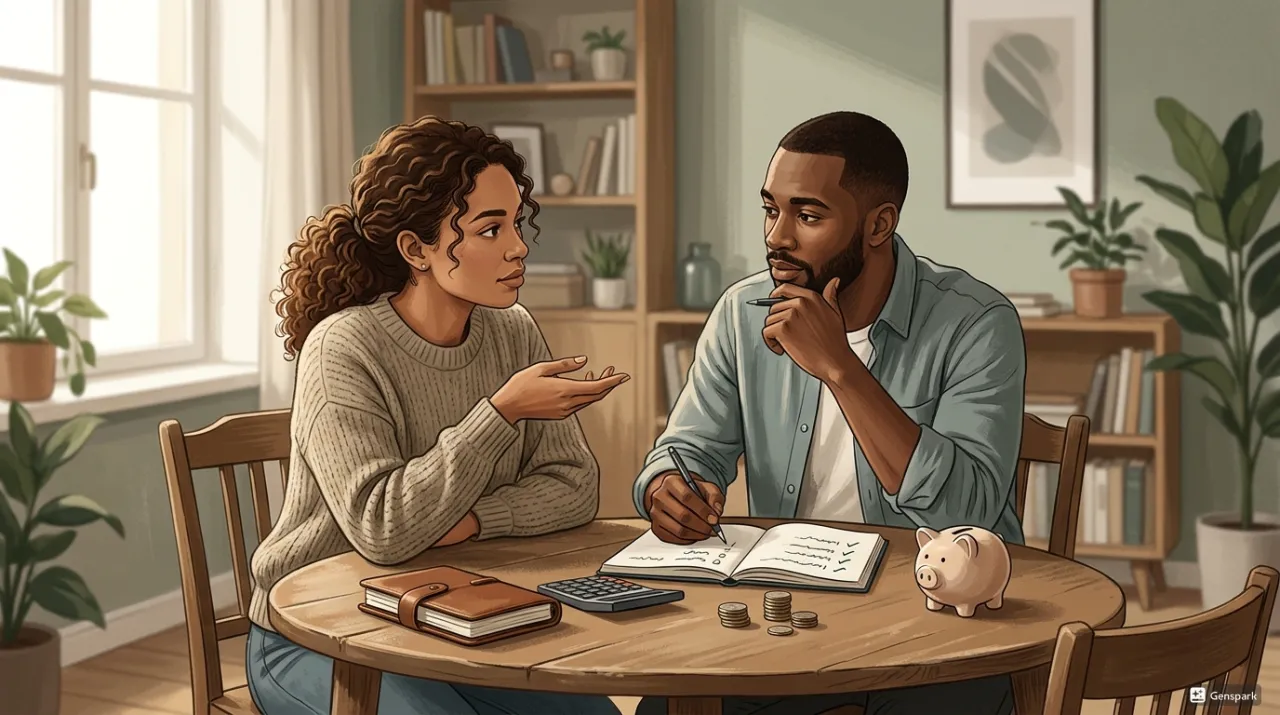 테이블에서 재정을 논의하며 계산기와 저금통이 있는 커플 일러스트