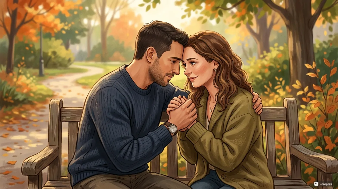 Illustration of a romantic couple sitting on an autumn park bench