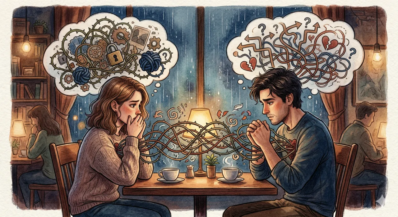 カフェで向かい合い複雑な思いに沈むカップルのイラスト