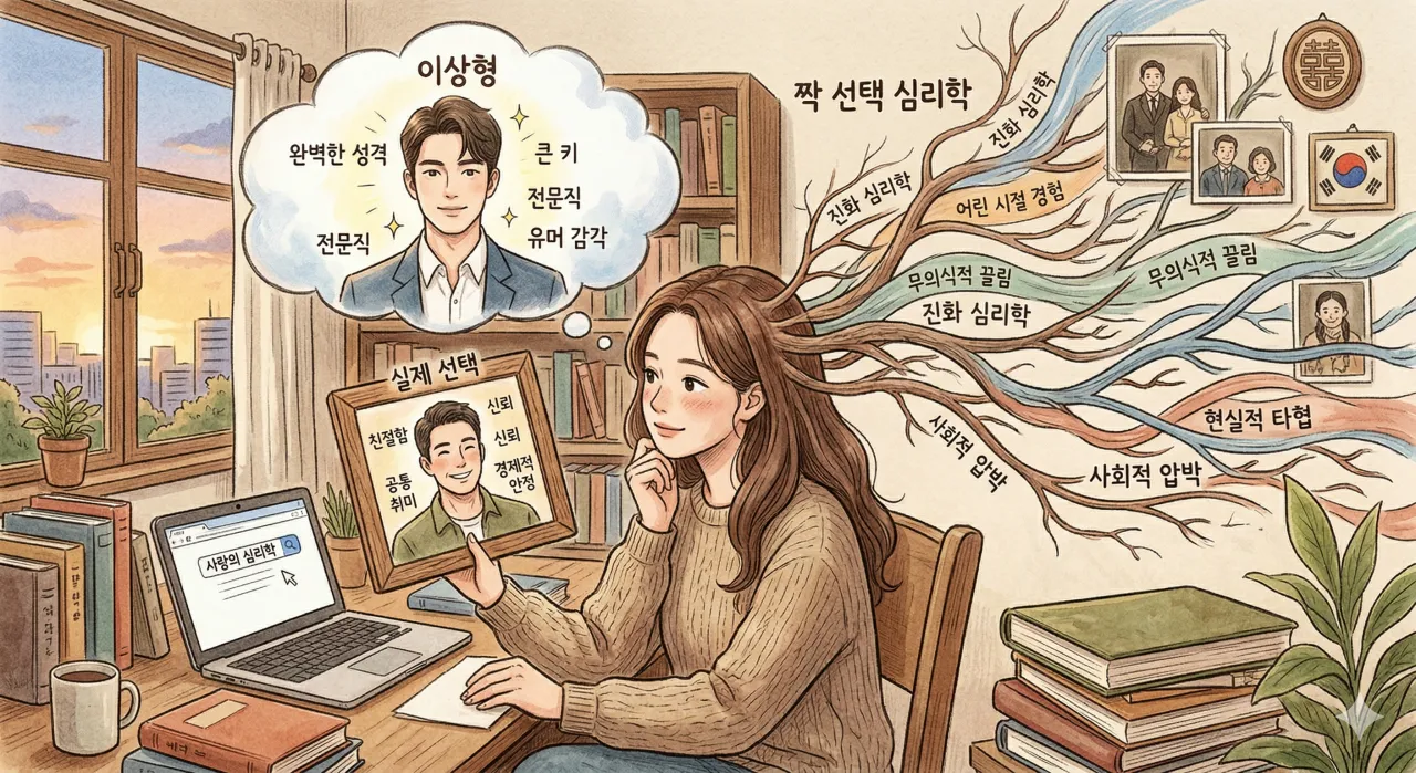 Ilustración de una mujer comparando su tipo ideal con la psicología de la elección real de pareja