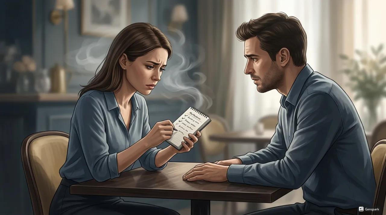 チェックリストを持って心配する女性と見守る男性のイラスト