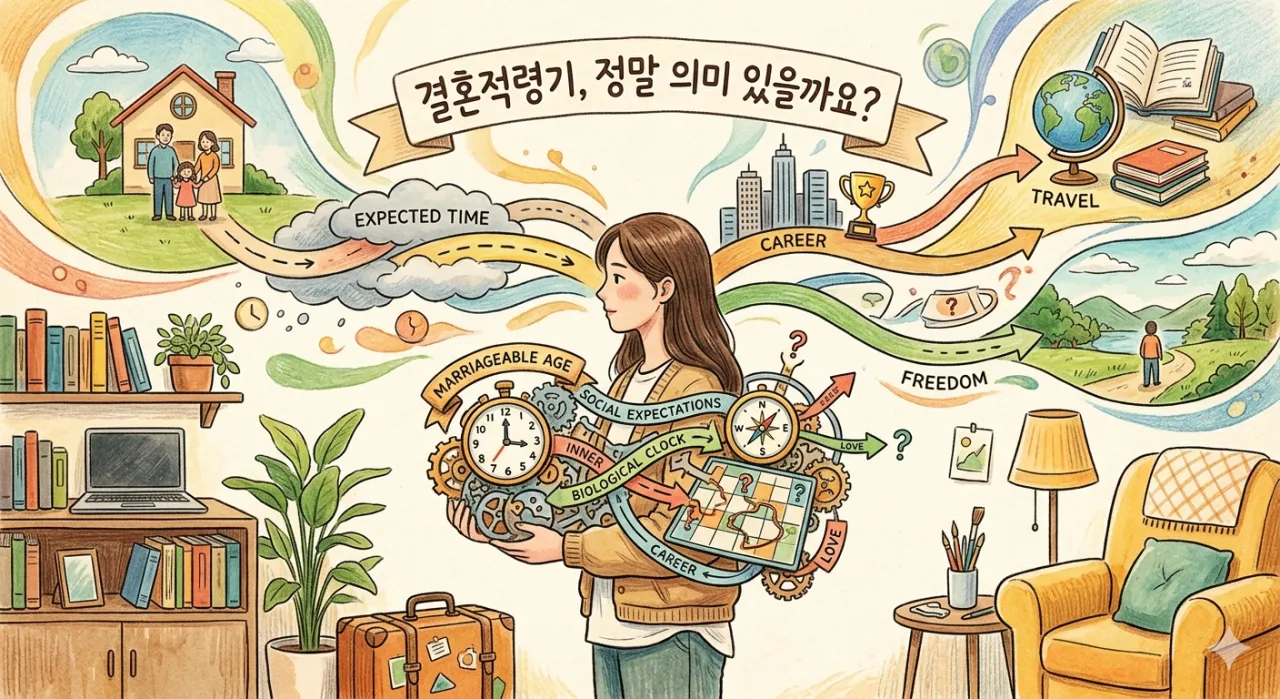 結婚適齢期について悩みながら様々な人生の選択肢を見つめる女性のイラスト