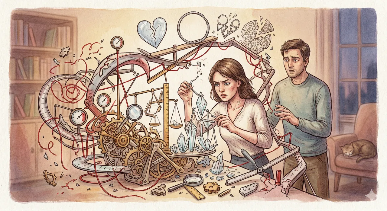 用复杂机械装置试图打造完美恋爱的女性和困惑男性的插画