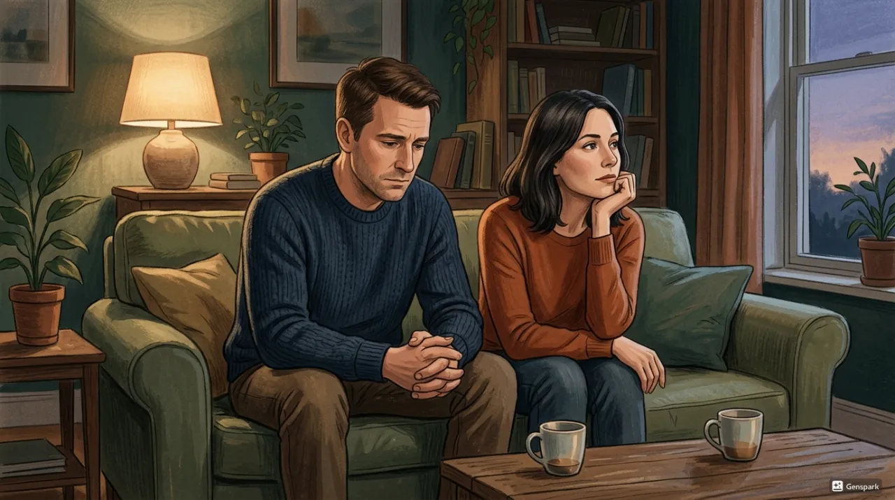 소파에서 거리를 두고 우울하게 앉은 커플 일러스트