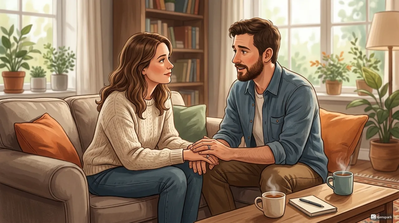 桜を背景に窓辺で昔の写真を見る女性のイラスト