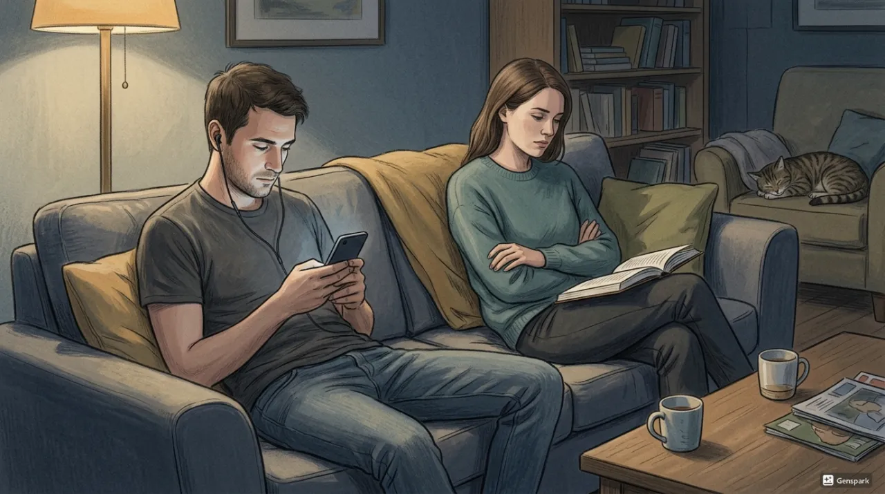 소파에서 각자 다른 일을 하는 커플 일러스트